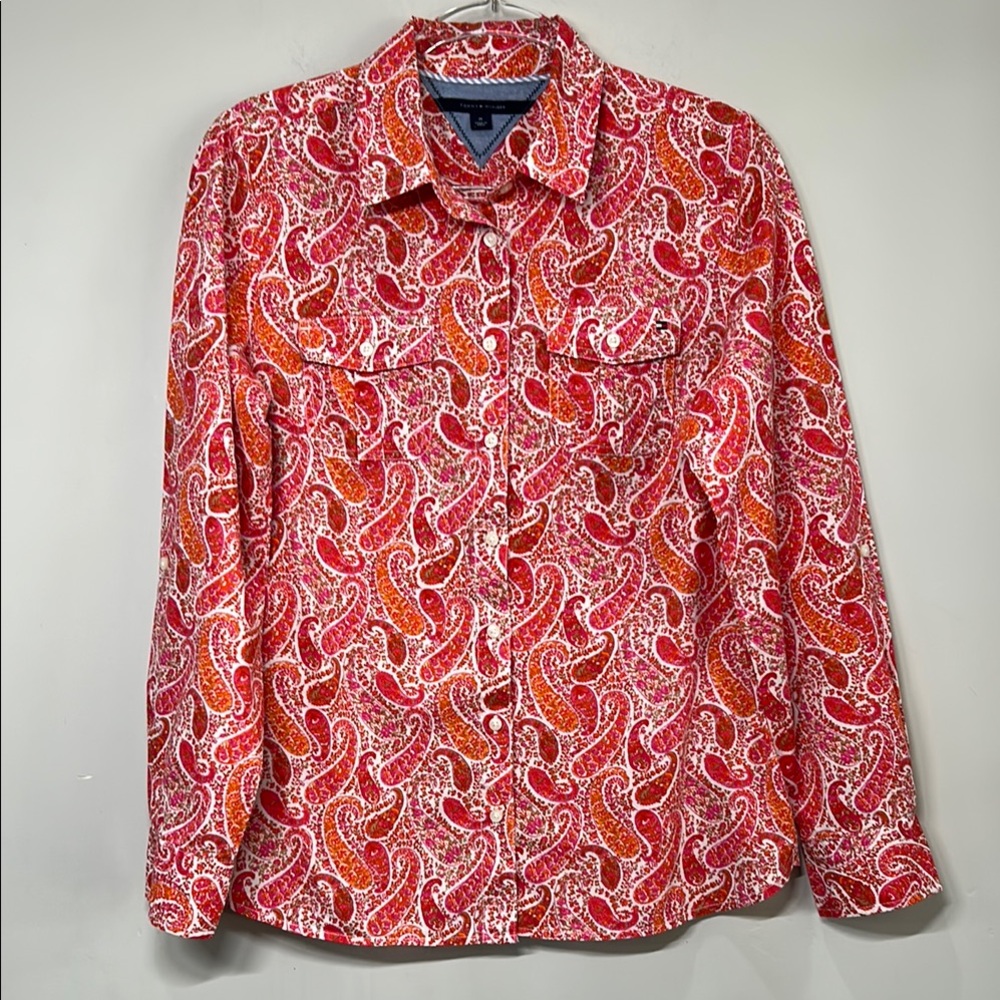 Tommy Hilfiger Shirt Women's Medium Pink-Orange Paisley‎ Button Up Long Sleeve